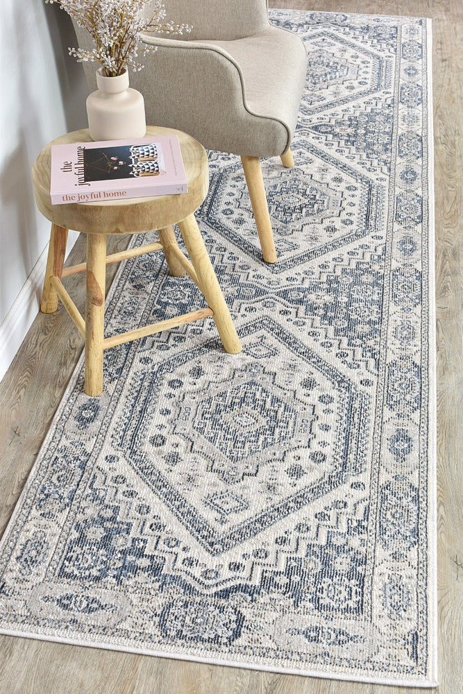 Medina Cream Blue Runner Rug - Turkish-inspired hallway runner rug from Treasures of Turkey