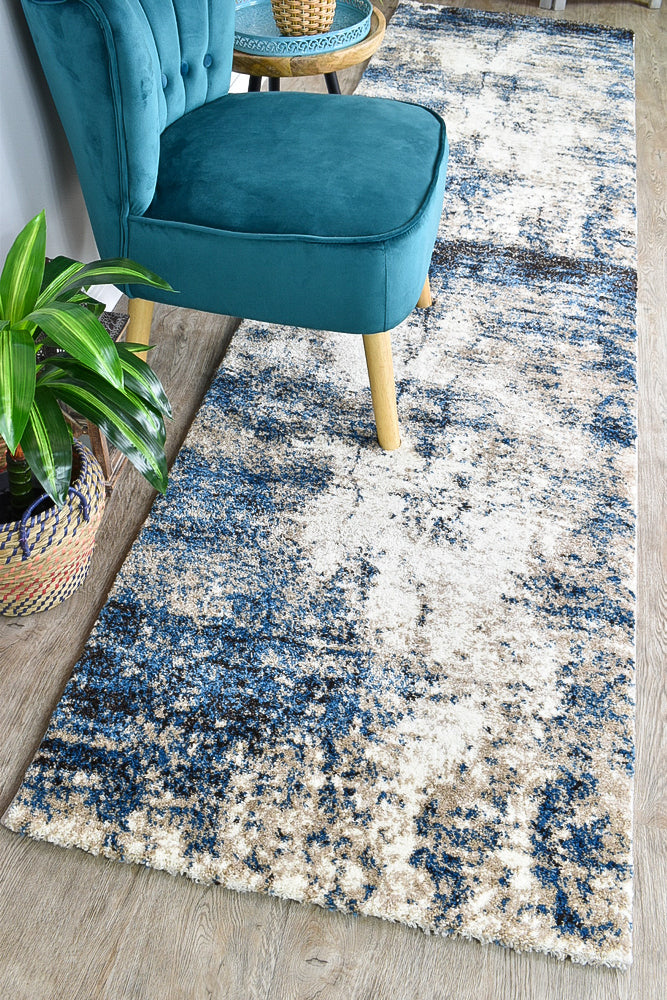 Dahlia White Blue Runner - Turkish-inspired hallway runner rug from Treasures of Turkey