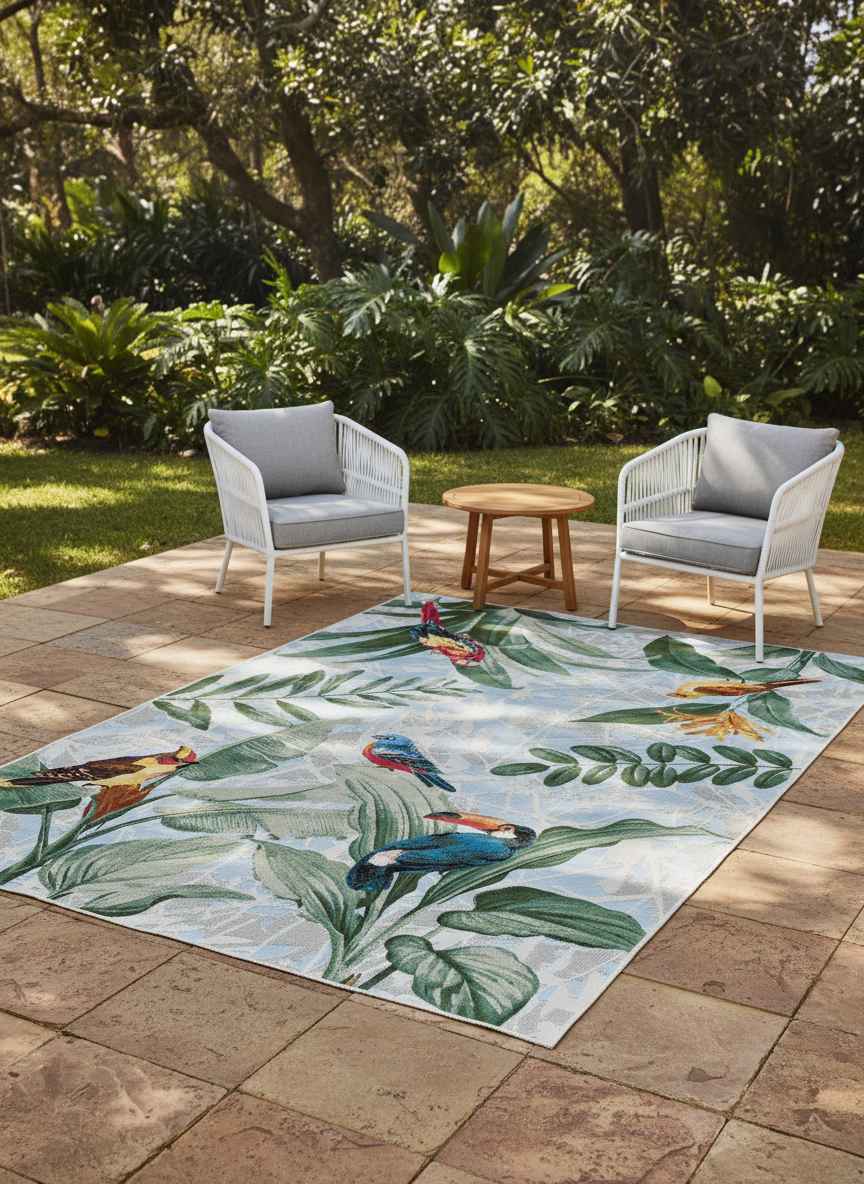 Paradise Birds Tropical Indoor Outdoor Rug with Parrots – Treasures of Turkey Australia