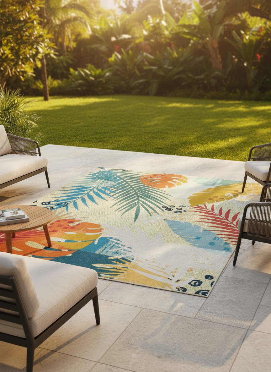 Paradise Sunset Tropical Coral Teal Outdoor Rug – Treasures of Turkey Australia