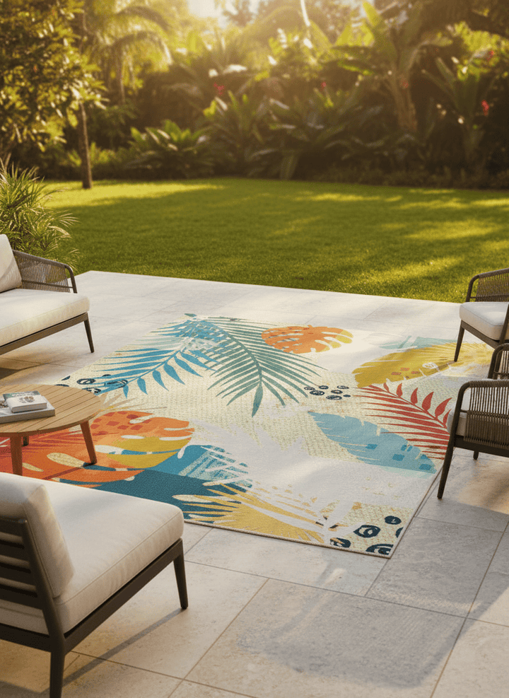 Paradise Sunset Tropical Coral Teal Outdoor Rug – Treasures of Turkey Australia