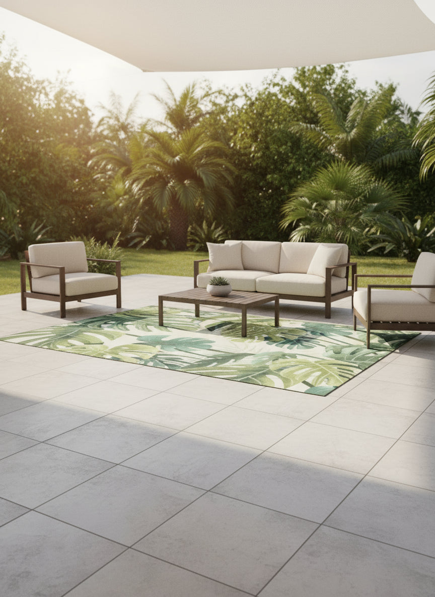 Paradise Tropics Cream Green Botanical Outdoor Rug – Treasures of Turkey Australia
