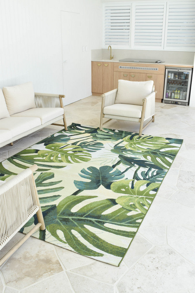 Paradise Tropics Cream Green Botanical Outdoor Rug – Treasures of Turkey Australia