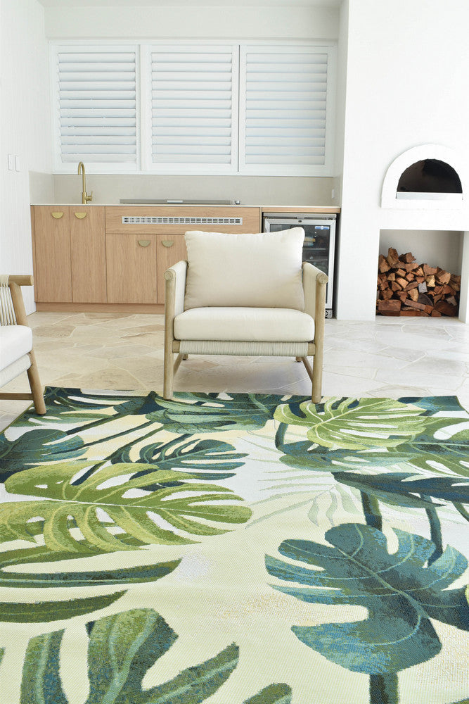 Paradise Tropics Cream Green Botanical Outdoor Rug – Treasures of Turkey Australia
