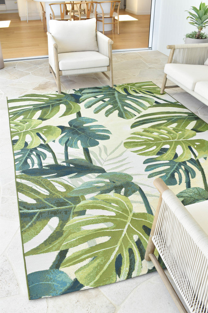 Paradise Tropics Cream Green Botanical Outdoor Rug – Treasures of Turkey Australia