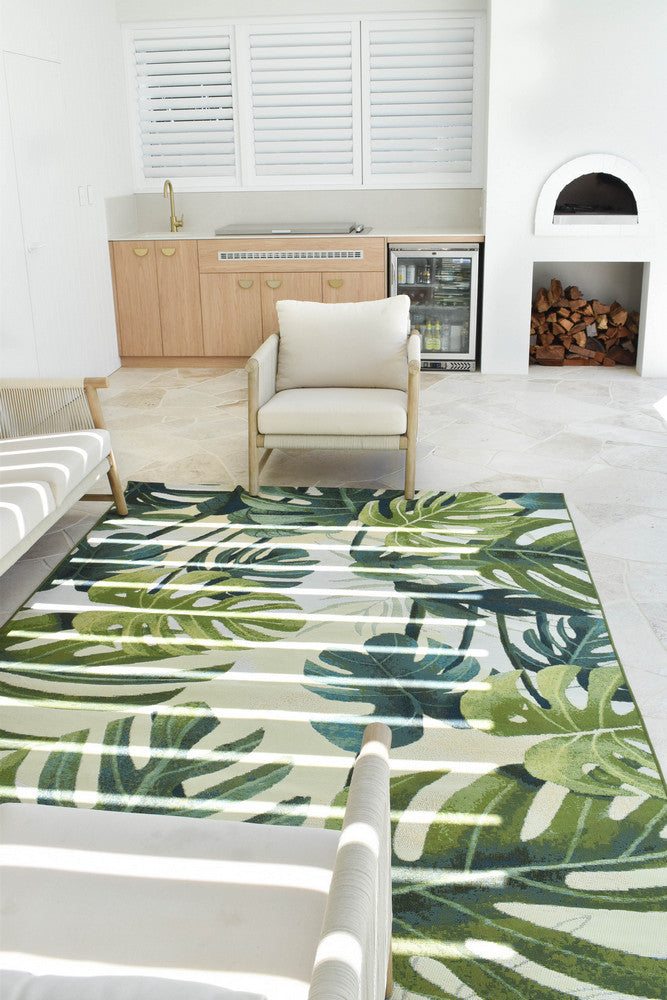 Paradise Tropics Cream Green Botanical Outdoor Rug – Treasures of Turkey Australia