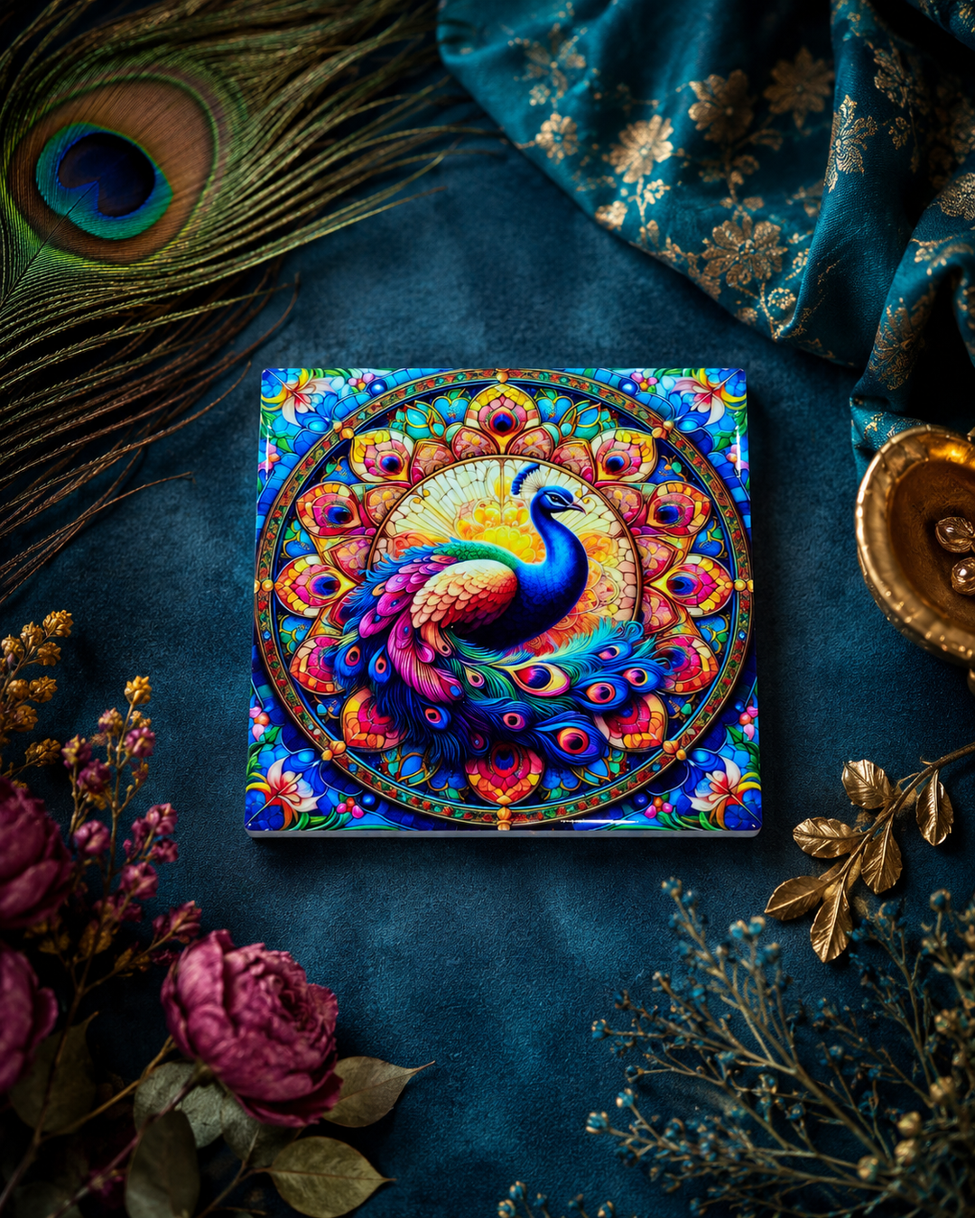 Peacock Jewel Tone Ceramic Coasters – Set of 4 - Turkish-inspired rug rug from Treasures of Turkey