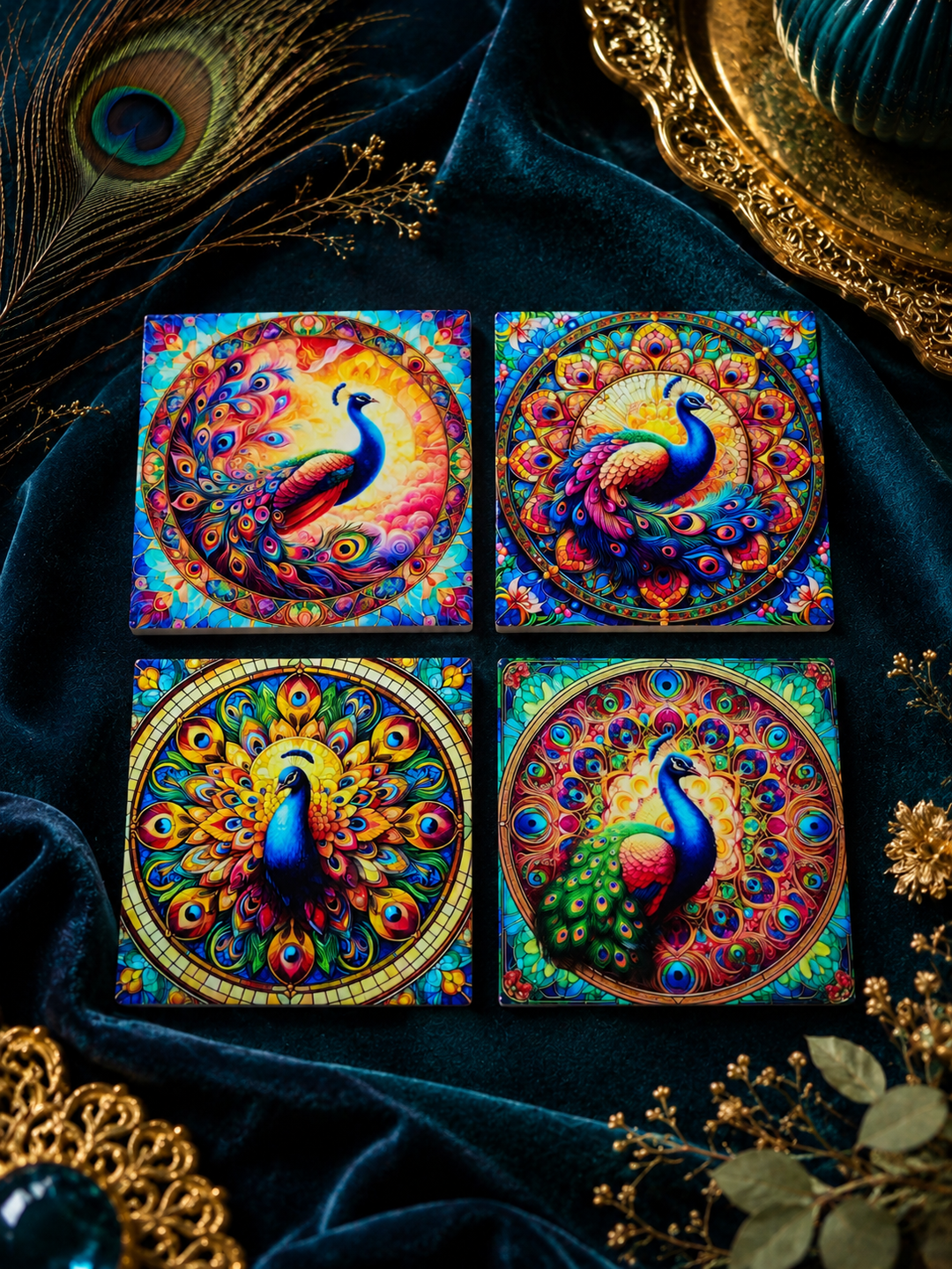 Peacock Jewel Tone Ceramic Coasters Set of 4 – Treasures of Turkey