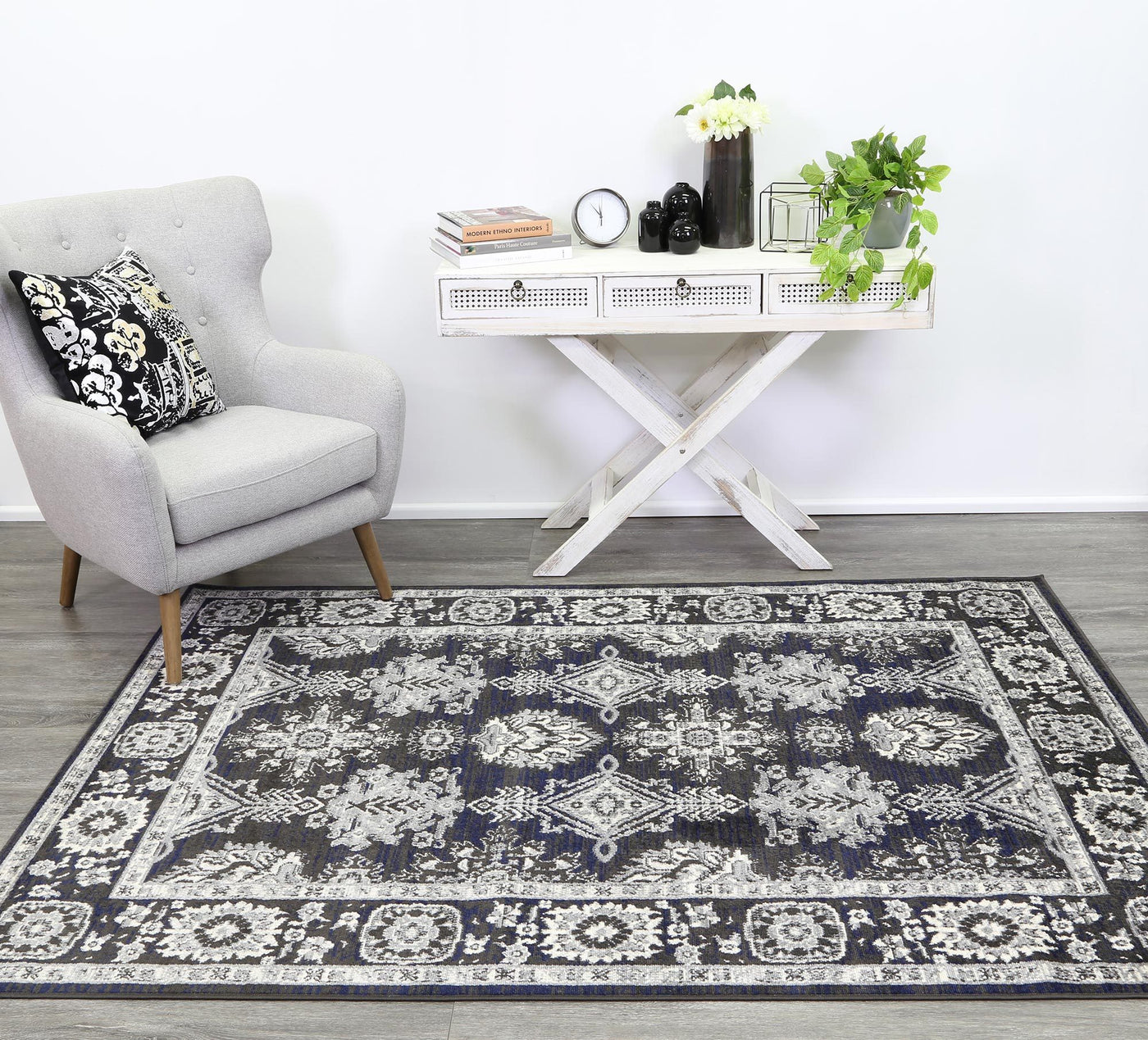 Delilah Traditional Navy Grey Rug Brand Ventures